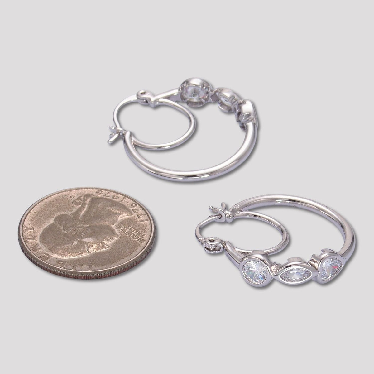 Rhodium Plated Multi-Cut CZ Double Layers Hoop Earrings