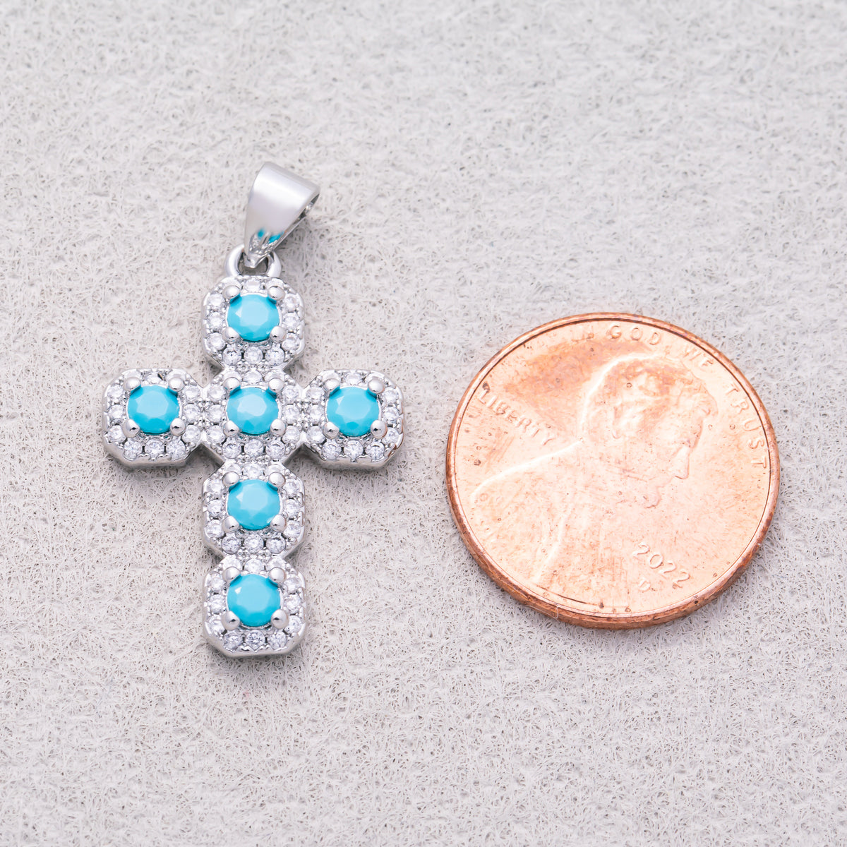 16K Gold Plated Round Turquoise Micro Paved CZ Statement Cross Religious Pendant - Sold Each