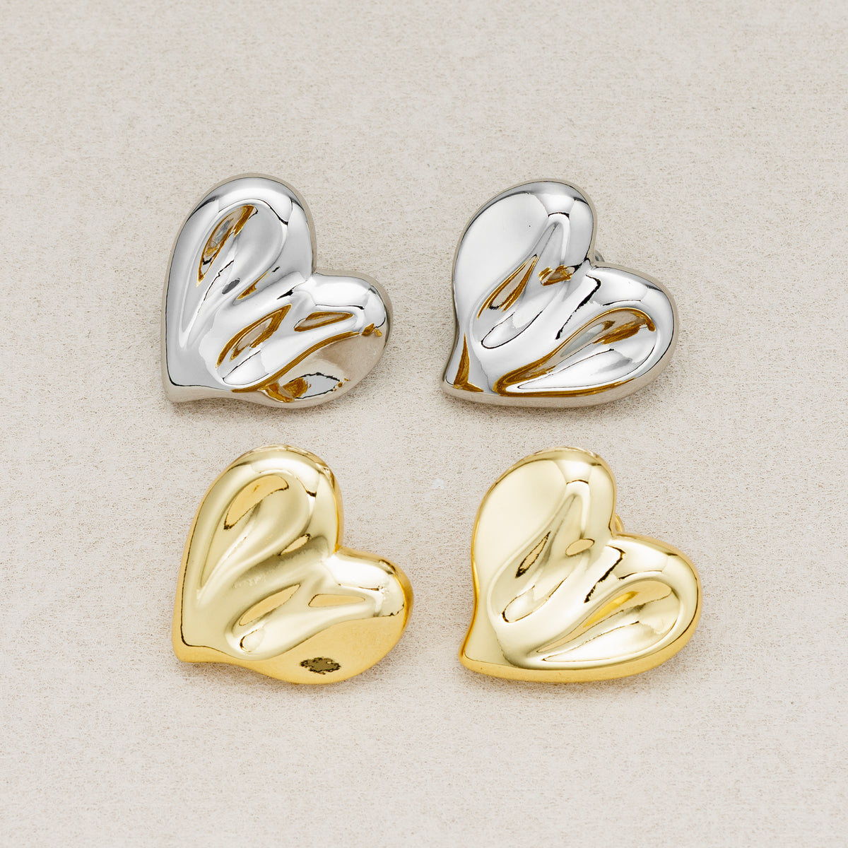 24K Gold Plated Hammered Puffy Heart Stud Earring in Gold & Silver