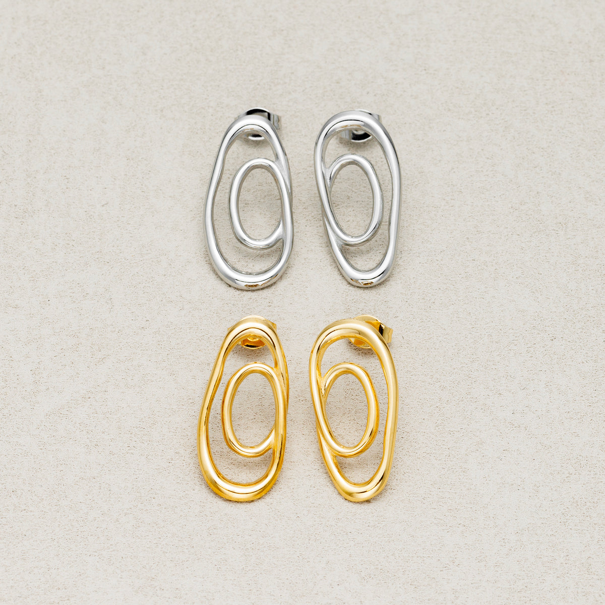 Launch Promo: 24K Gold PVD Stainless Steel Irregular Double Hoop Abstract Stud Earring in Gold & Silver