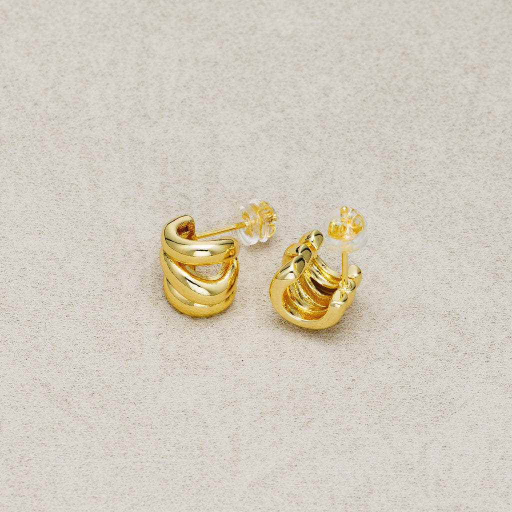 Launch Promo: 24K Gold PVD Stainless Steel Interlocking Triple Ribbed C Hoop Earring in Gold & Silver