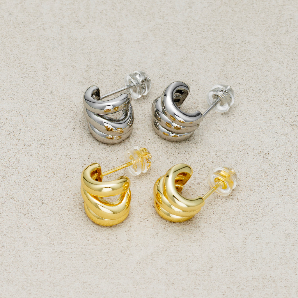 Launch Promo: 24K Gold PVD Stainless Steel Interlocking Triple Ribbed C Hoop Earring in Gold & Silver