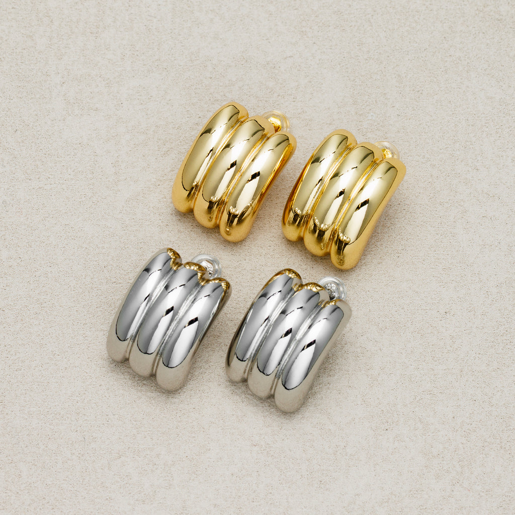 Launch Promo: 24K Gold PVD Stainless Steel Triple Ribbed Hoop Earring in Gold & Silver | Sold Each
