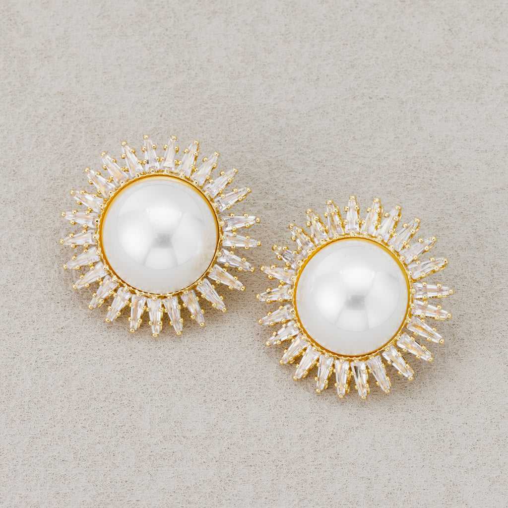 Launch Promo: 24K Gold PVD Stainless Steel Shell Pearl Clear CZ Sunburst Stud Earring