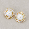 Launch Promo: 24K Gold PVD Stainless Steel Shell Pearl Clear CZ Sunburst Stud Earring