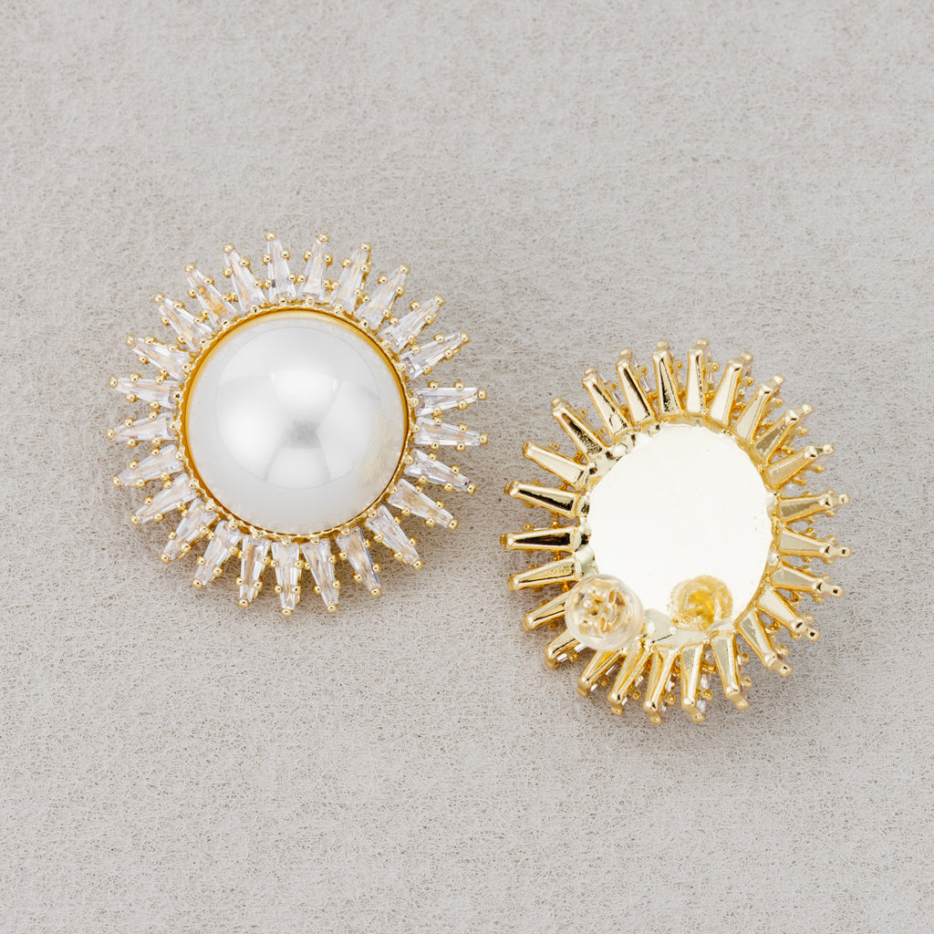 Launch Promo: 24K Gold PVD Stainless Steel Shell Pearl Clear CZ Sunburst Stud Earring