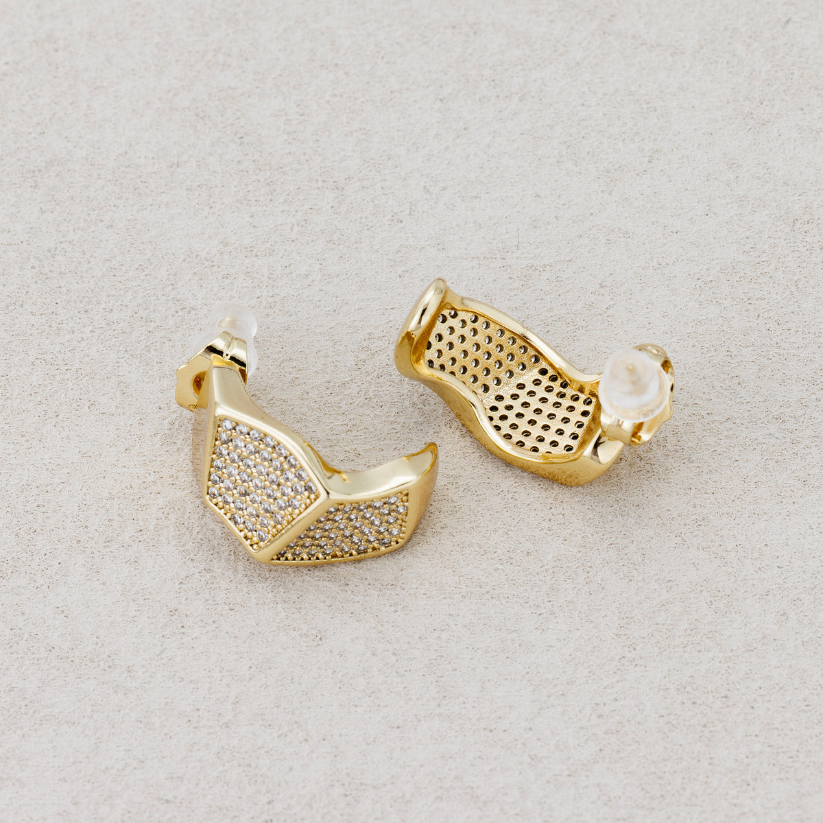 14K Gold Plated Micro Paved CZ Wide Geometric Huggie Hoop Earring