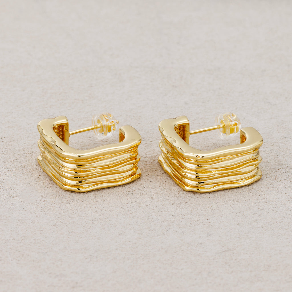 Launch Promo: 24K Gold PVD Stainless Steel Square Wavy Ribbon Stud Earring in Gold & Silver | Sold Each