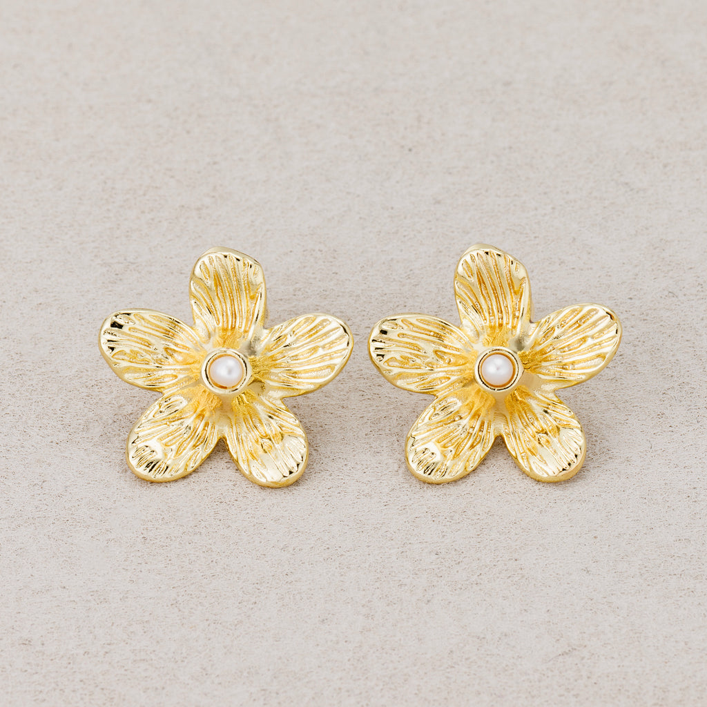 Launch Promo: 24K Gold PVD Stainless Steel Shell Pearl Hammered Petal Flower Stud Earring in Gold & Silver