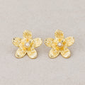 Launch Promo: 24K Gold PVD Stainless Steel Shell Pearl Hammered Petal Flower Stud Earring in Gold & Silver