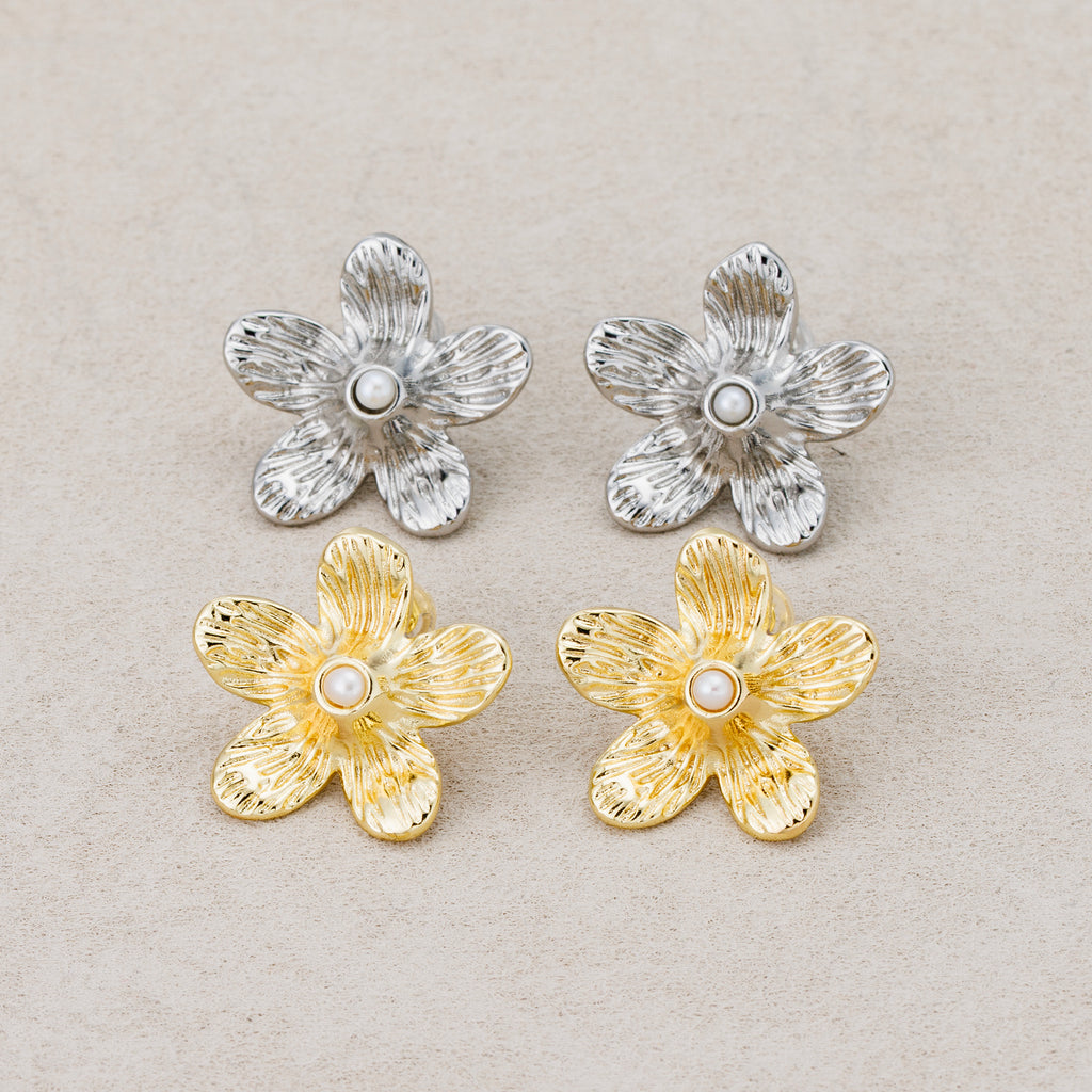 Launch Promo: 24K Gold PVD Stainless Steel Shell Pearl Hammered Petal Flower Stud Earring in Gold & Silver