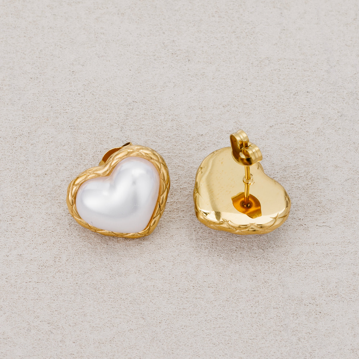 Gold PVD Stainless Steel Mother Of Pearl Love Heart Bezel Stud Earring