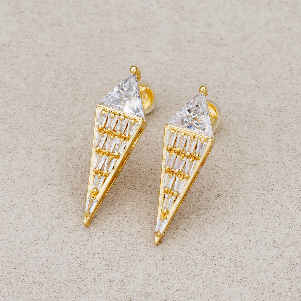Launch Promo: 24K Gold PVD Stainless Steel Clear CZ Triangle Baguette Stud Earring | Sold Each