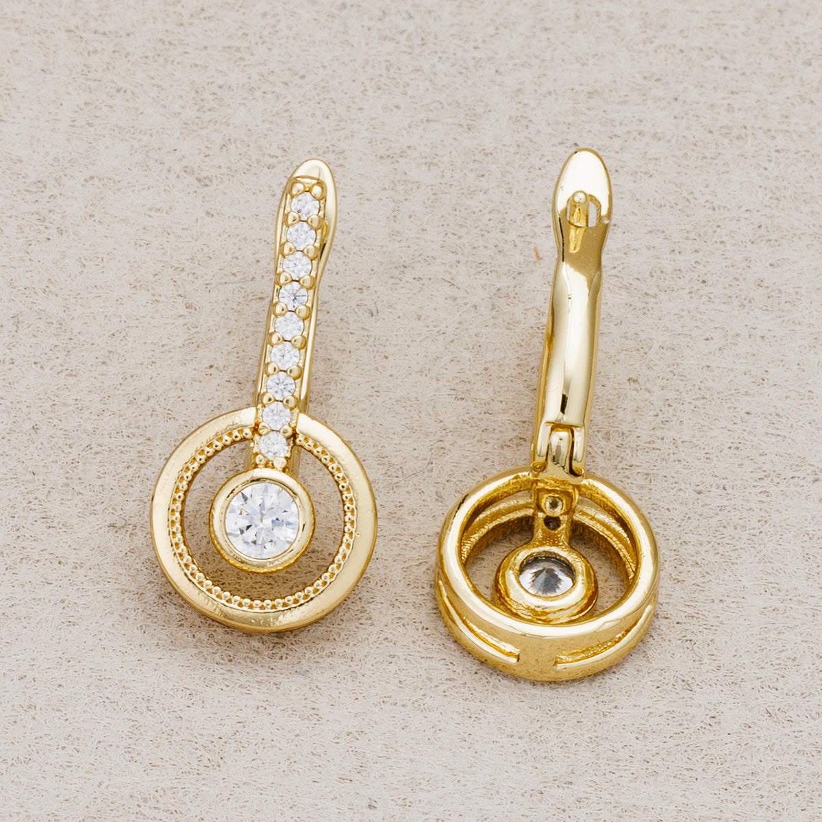 Launch Promo: 14K Gold PVD Stainless Steel Geometric Micro Paved CZ Round English Lock Drop Earring
