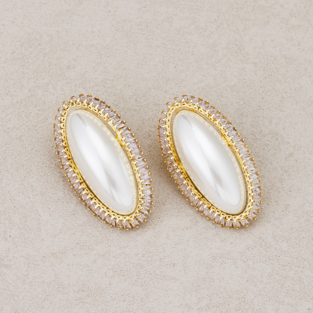 Launch Promo: 24K Gold PVD Stainless Steel Shell Pearl Oval Bezel CZ Statement Stud Earring | Sold Each
