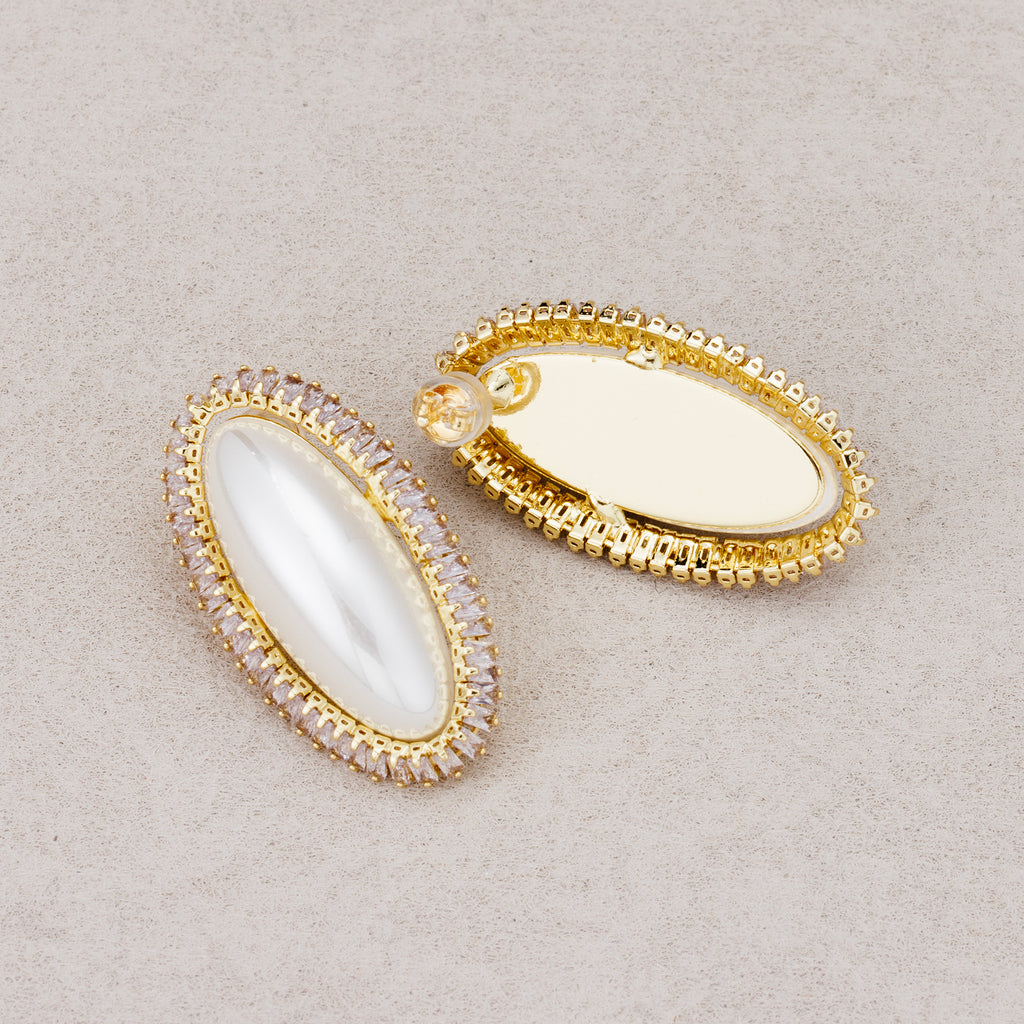Launch Promo: 24K Gold PVD Stainless Steel Shell Pearl Oval Bezel CZ Statement Stud Earring | Sold Each