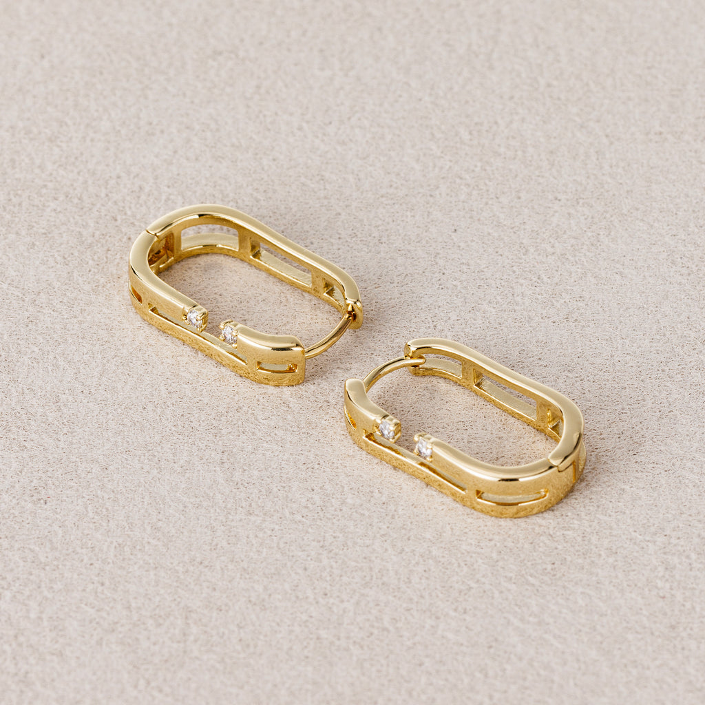 14K Gold Plated Clear CZ Rectangular Huggie Hoop Earring