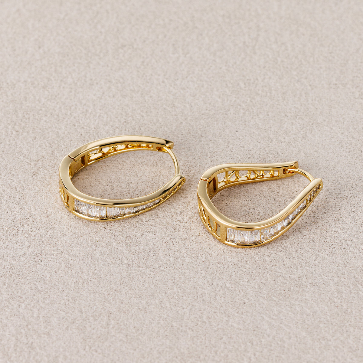 14K Gold Plated Baguette CZ Minimalist Teardrop Filigree Hoop Earrings