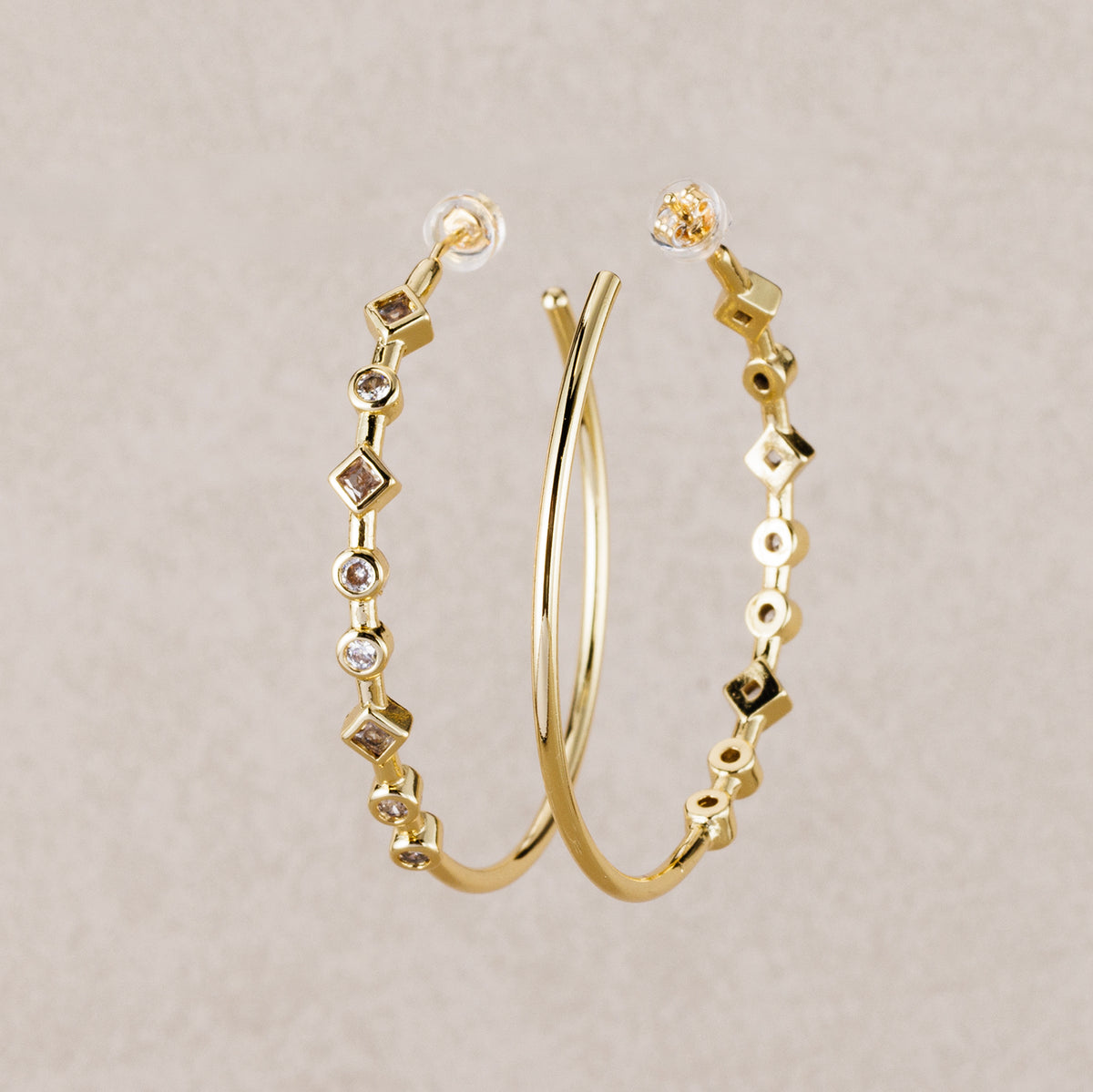 Launch Promo: 24K Gold PVD Stainless Steel Multi Cut CZ Geometric Hoop Statement Stud Earring