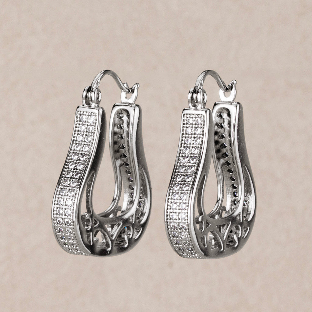 14K Rhodium Plated Micro Paved CZ Filigree Teardrop Hoop Earrings