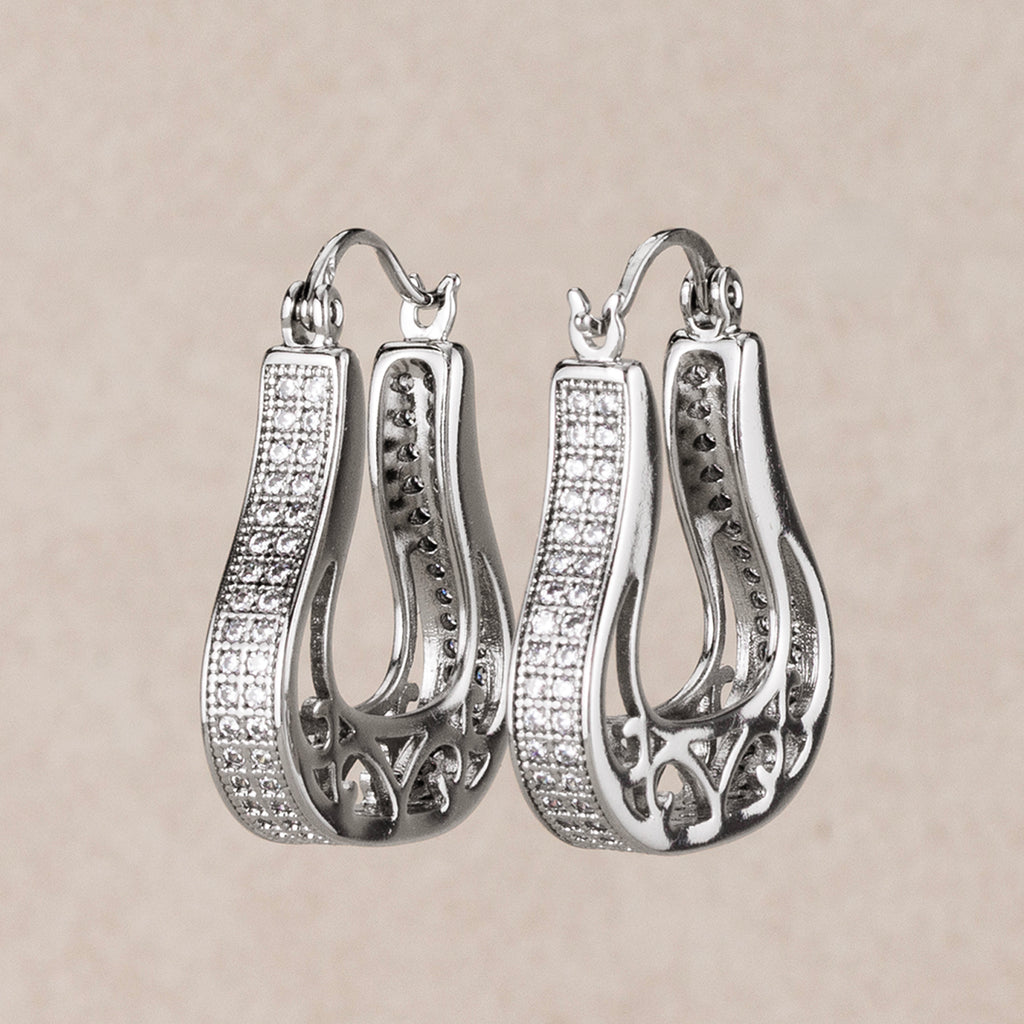 14K Rhodium Plated Micro Paved CZ Filigree Teardrop Hoop Earrings