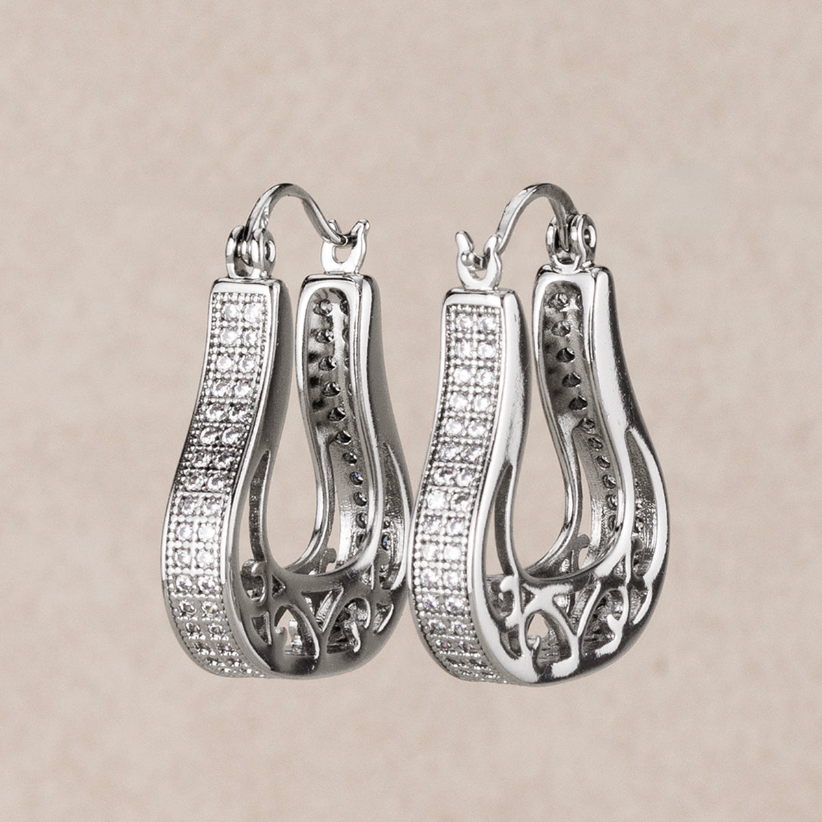 14K Rhodium Plated Micro Paved CZ Filigree Teardrop Hoop Earrings