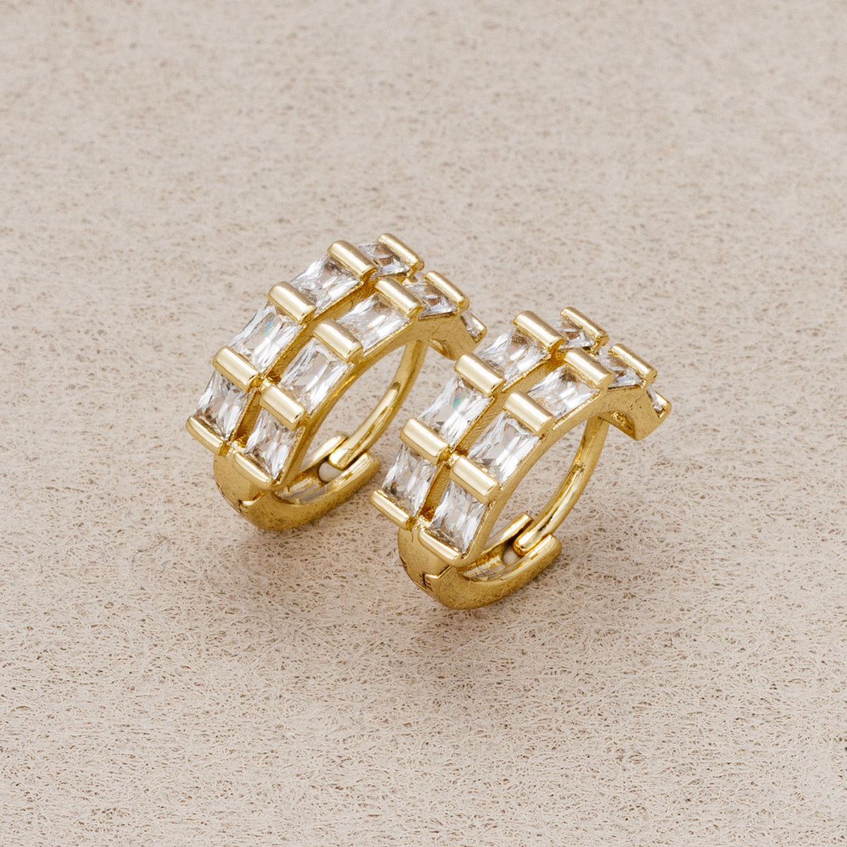 14K Gold Plated Baguette CZ Double Row Huggie Hoop Earrings