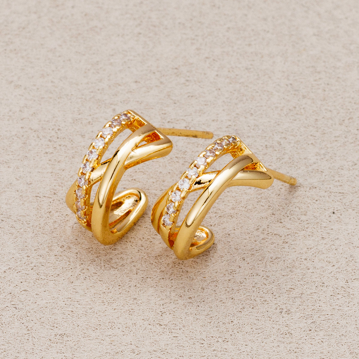 24K Gold Plated Micro Paved CZ X-Shape Hoop Earrings