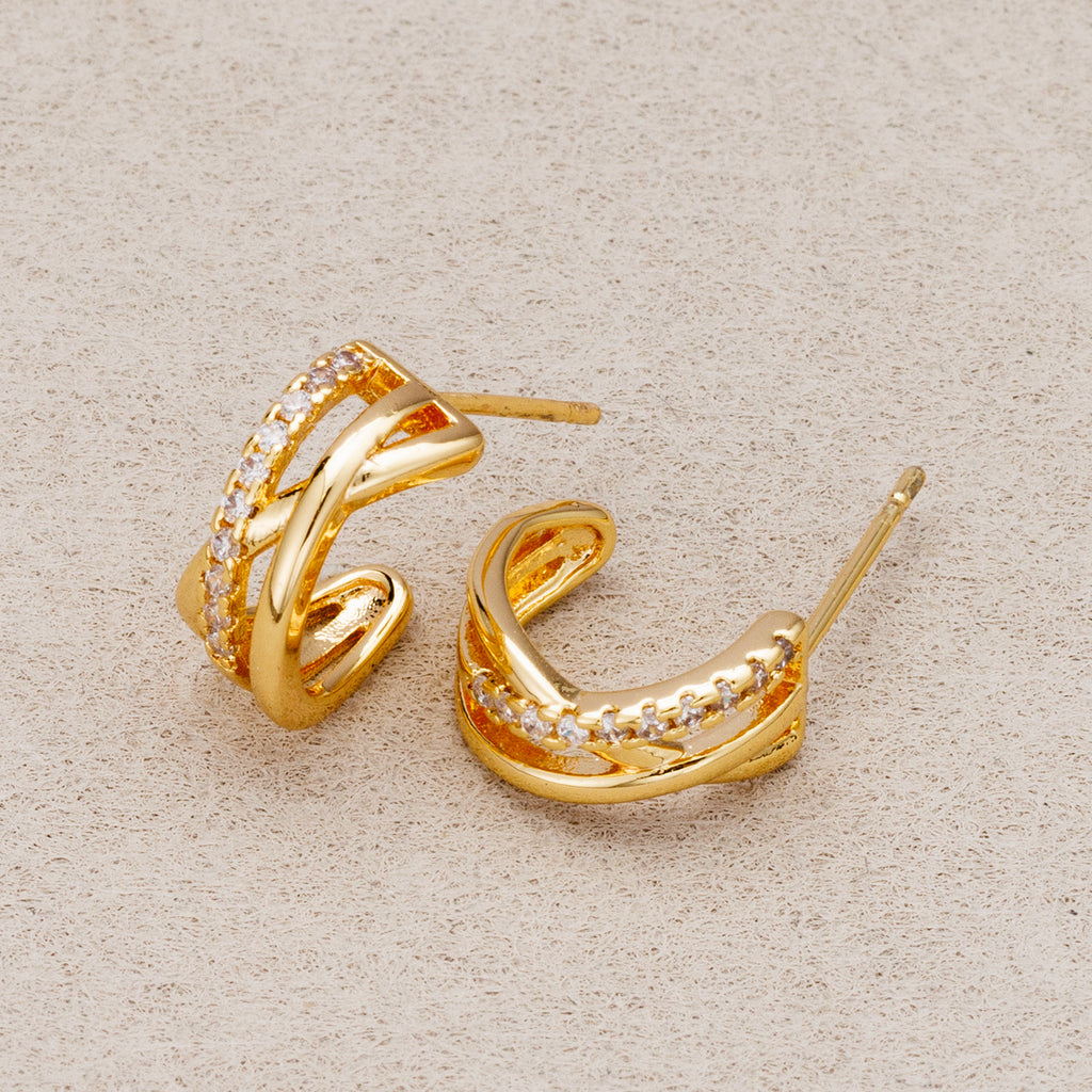 24K Gold Plated Micro Paved CZ X-Shape Hoop Earrings