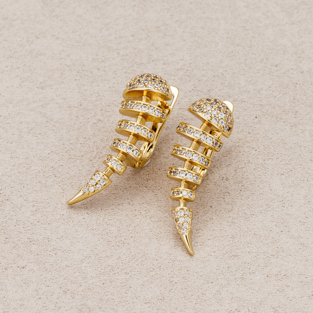 14K Gold Plated Micro Paved CZ Sparkling Fishbone Huggie Hoop Earring