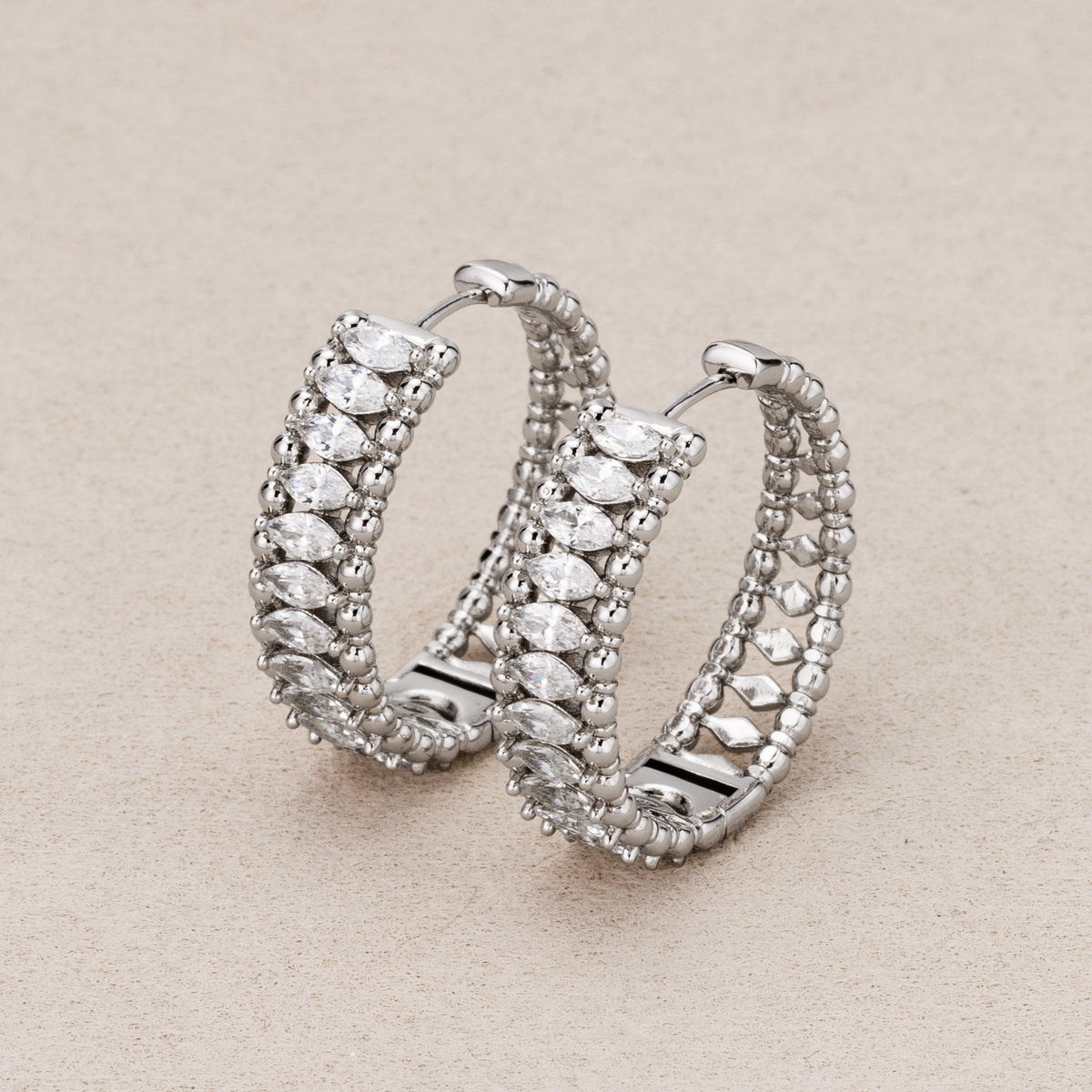 Rhodium Plated Micro Paved Marquise CZ Huggie Hoop Earrings