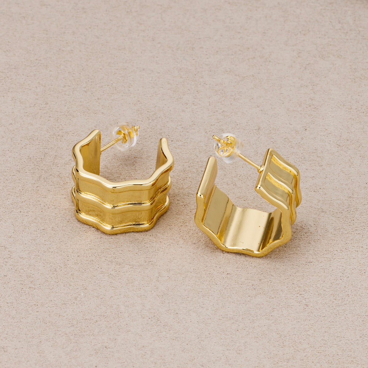 24K Gold Plated Textured Wavy Ridged C Hoop Earrings
