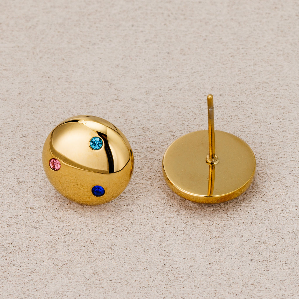Gold PVD Stainless Steel Multi-Color CZ Puffy Dome Stud Earrings