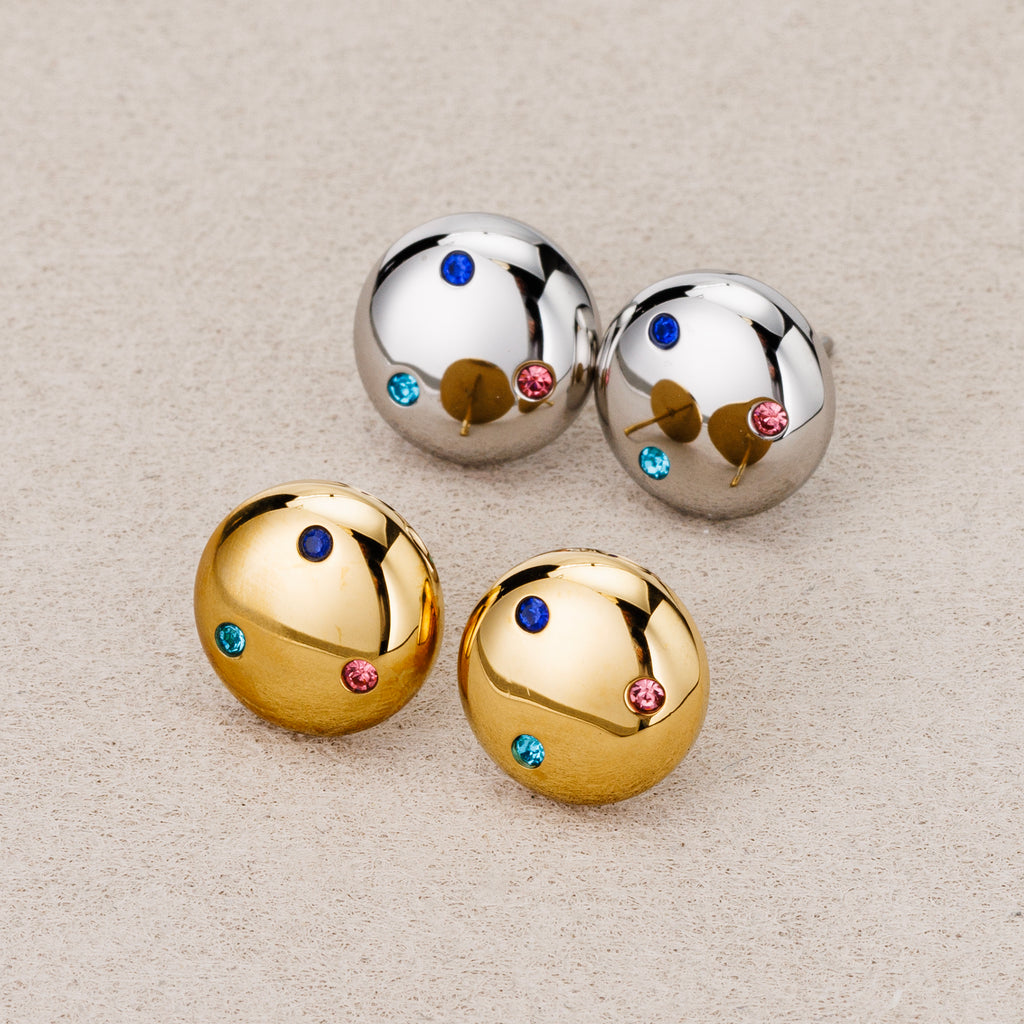 Gold PVD Stainless Steel Multi-Color CZ Puffy Dome Stud Earrings