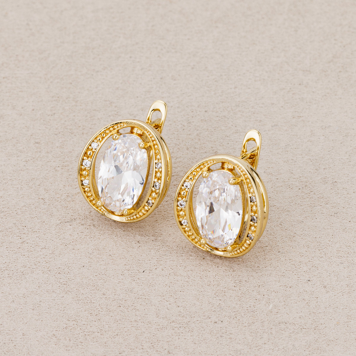 14K Gold Plated Oval CZ Vintage Beaded Textured Hoop Earrings