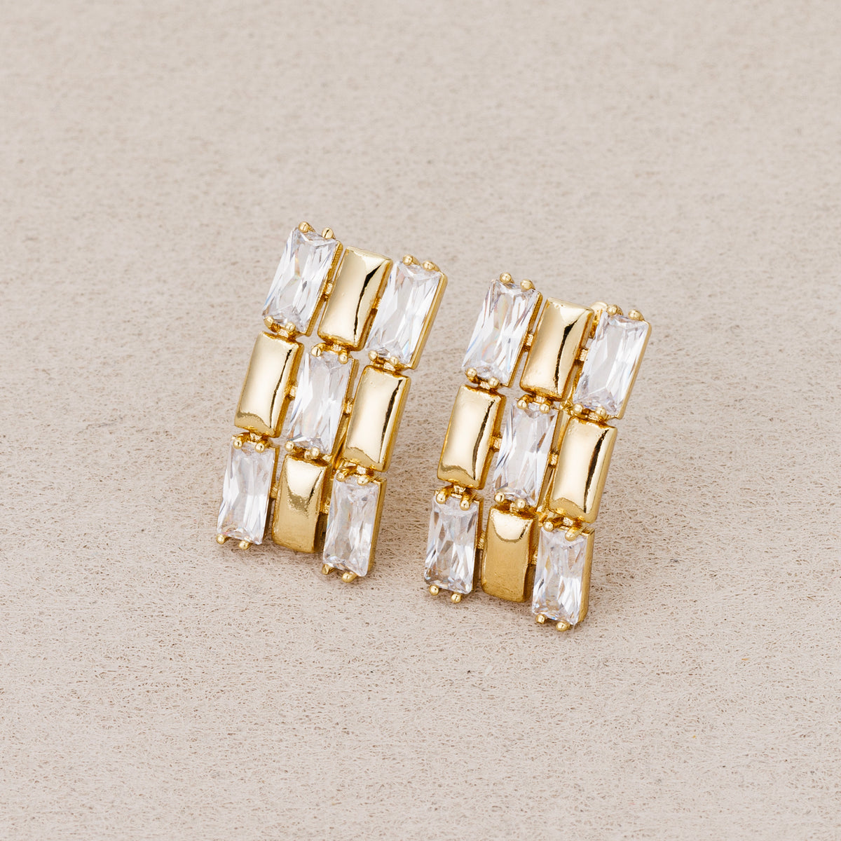 14K Gold Plated Clear CZ Baguette Chess Stud Earrings