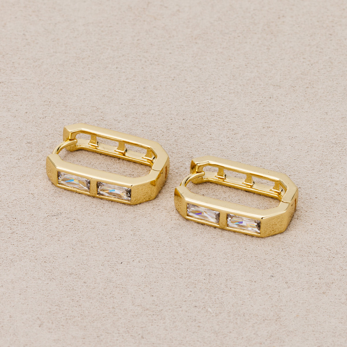 14K Gold Plated Baguette CZ Open Rectangular Huggie Hoop Earrings