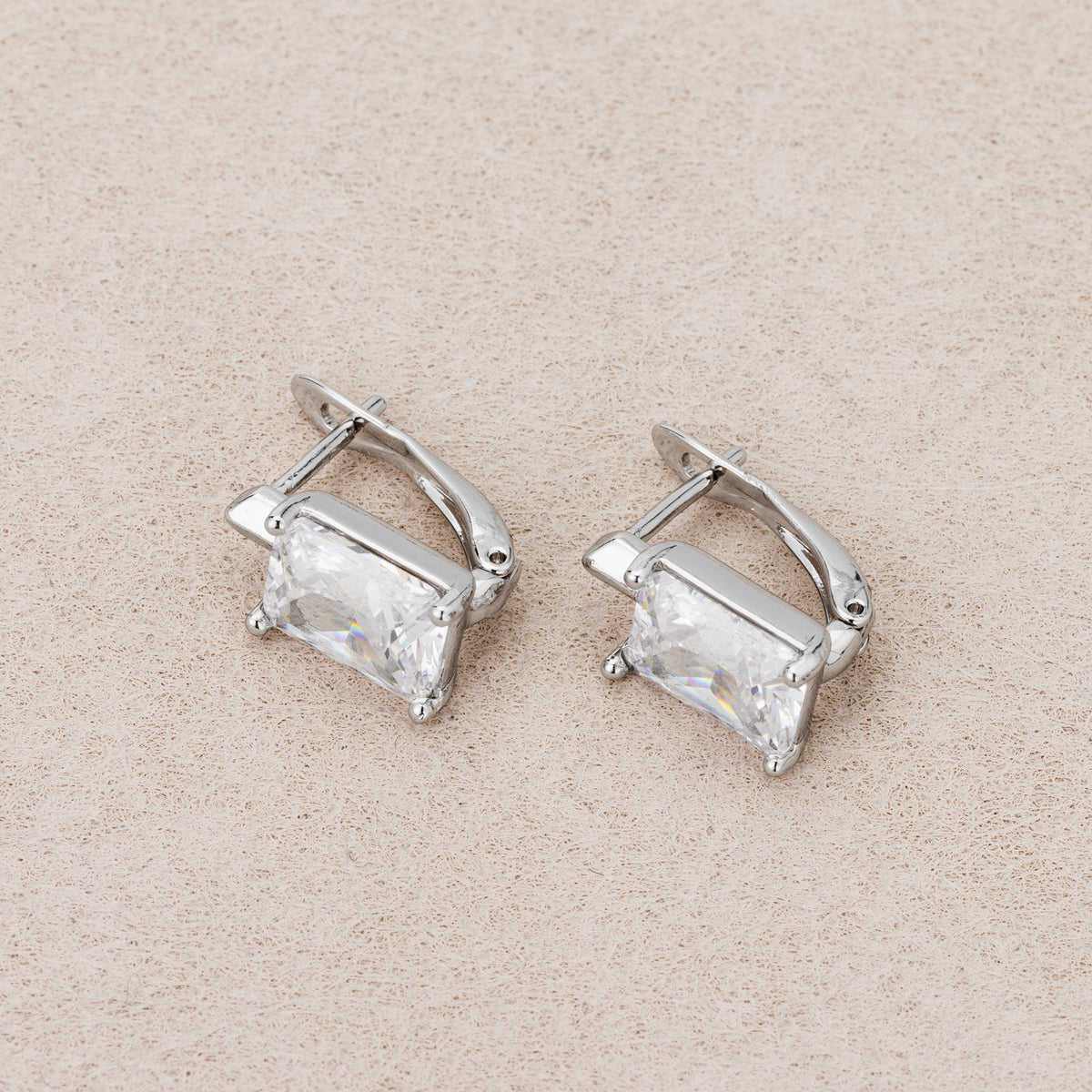 Rhodium Plated Simple Baguette CZ Huggie Hoop Earrings
