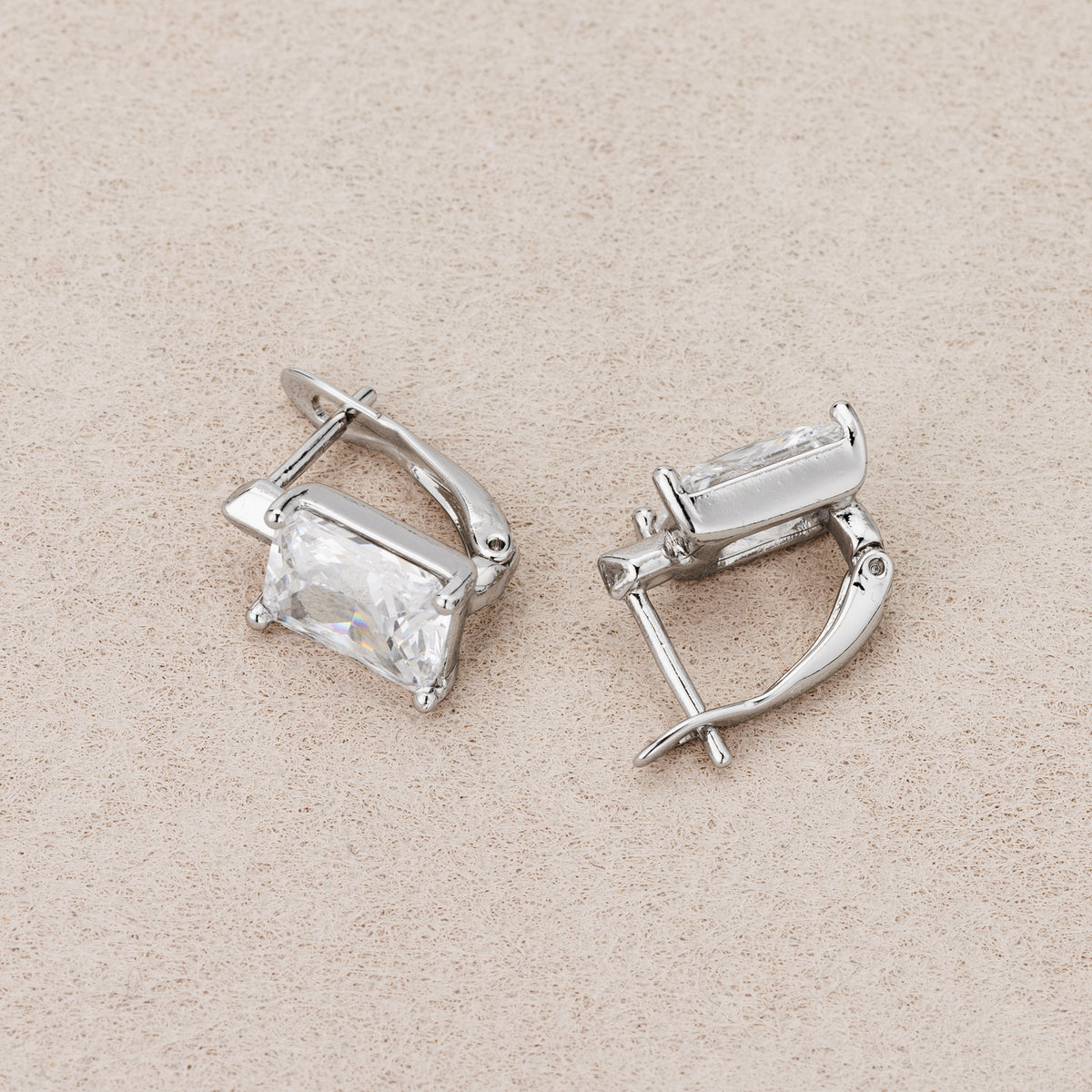 Rhodium Plated Simple Baguette CZ Huggie Hoop Earrings