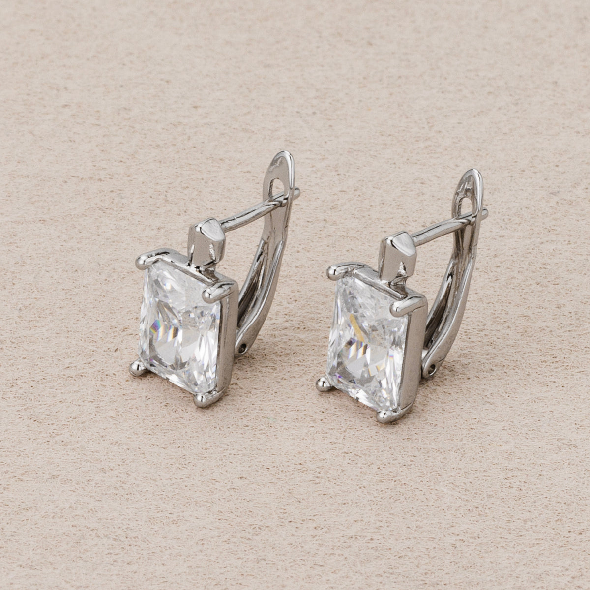 Rhodium Plated Simple Baguette CZ Huggie Hoop Earrings
