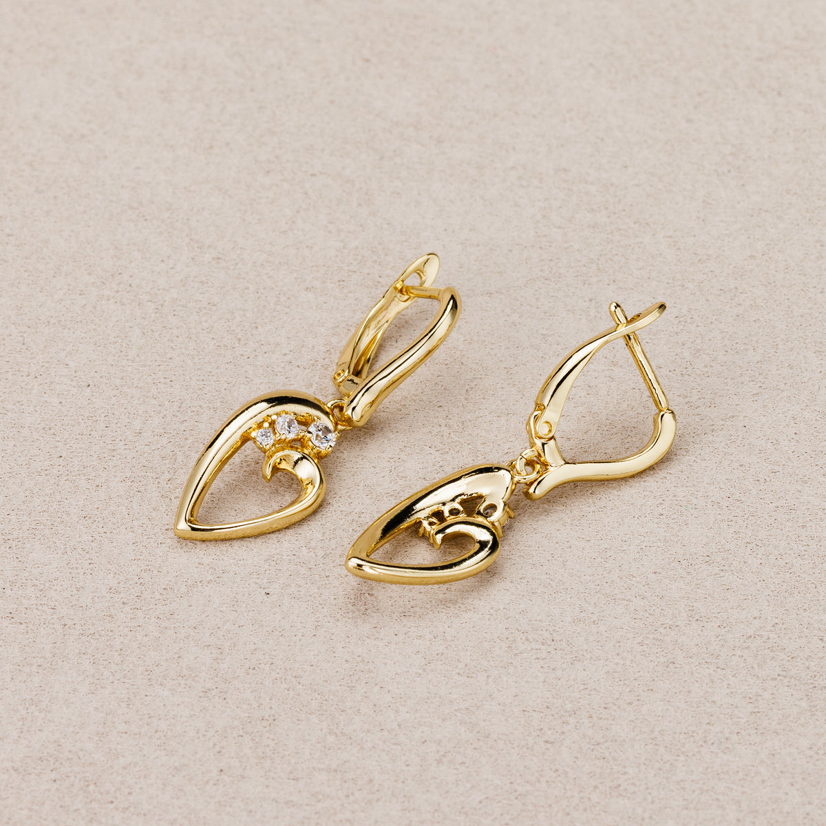 14K Gold Plated Clear CZ Open Heart Dangle Hoop Earrings