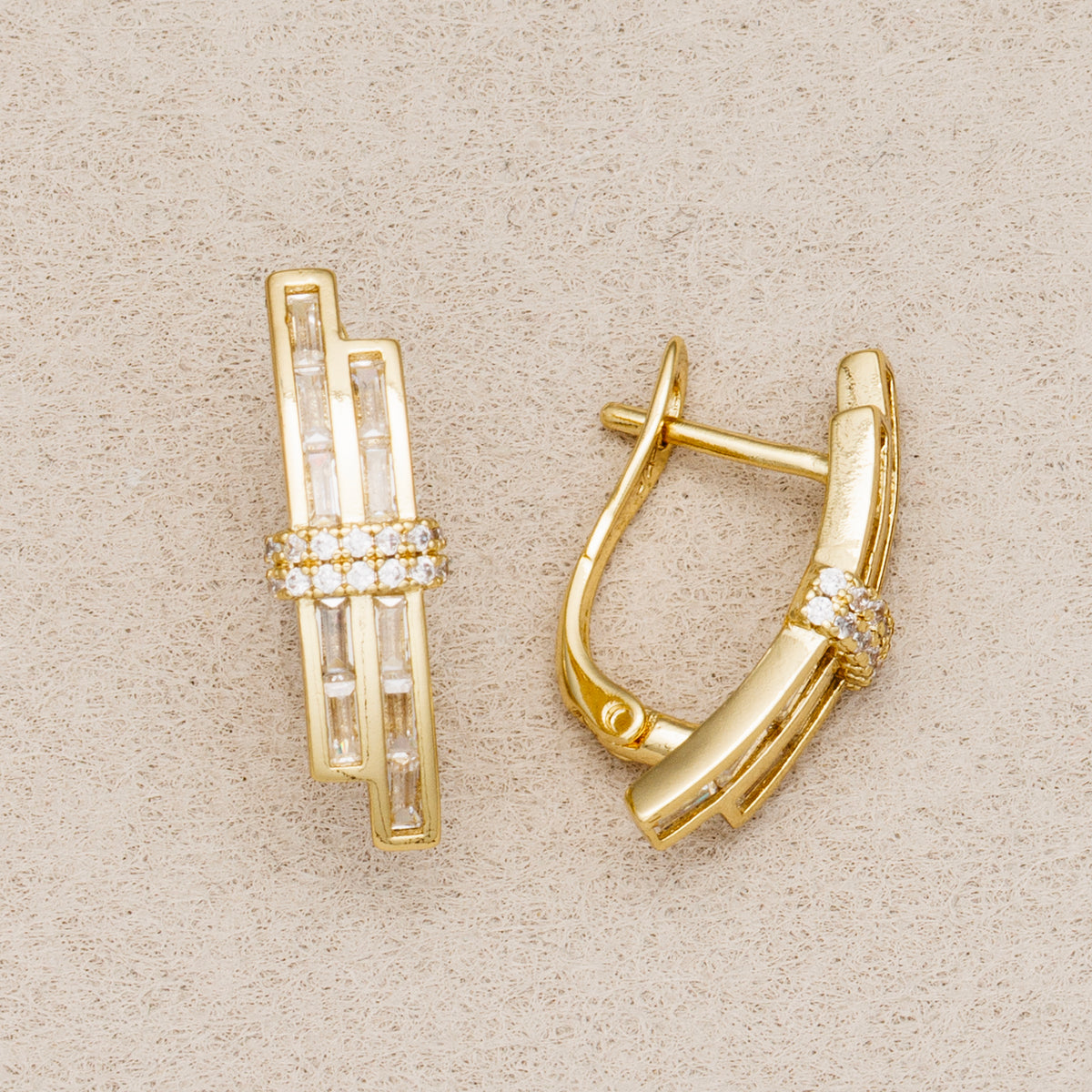 14K Gold Plated Baguette and Round CZ Double Bar Hoop Earrings