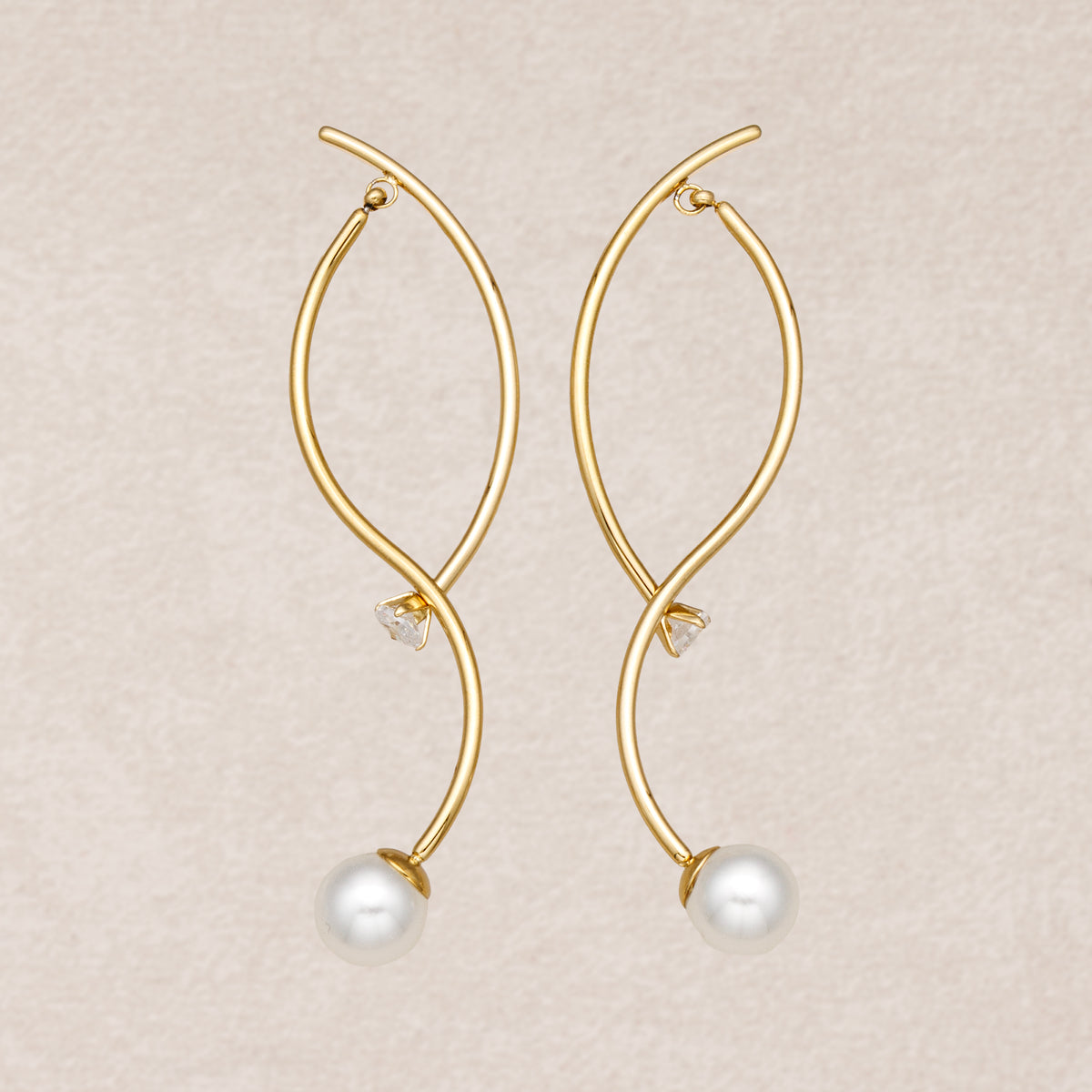 Gold PVD Stainless Steel Shell Pearl Clear CZ Modern Abstract S-Curve Stud Earrings