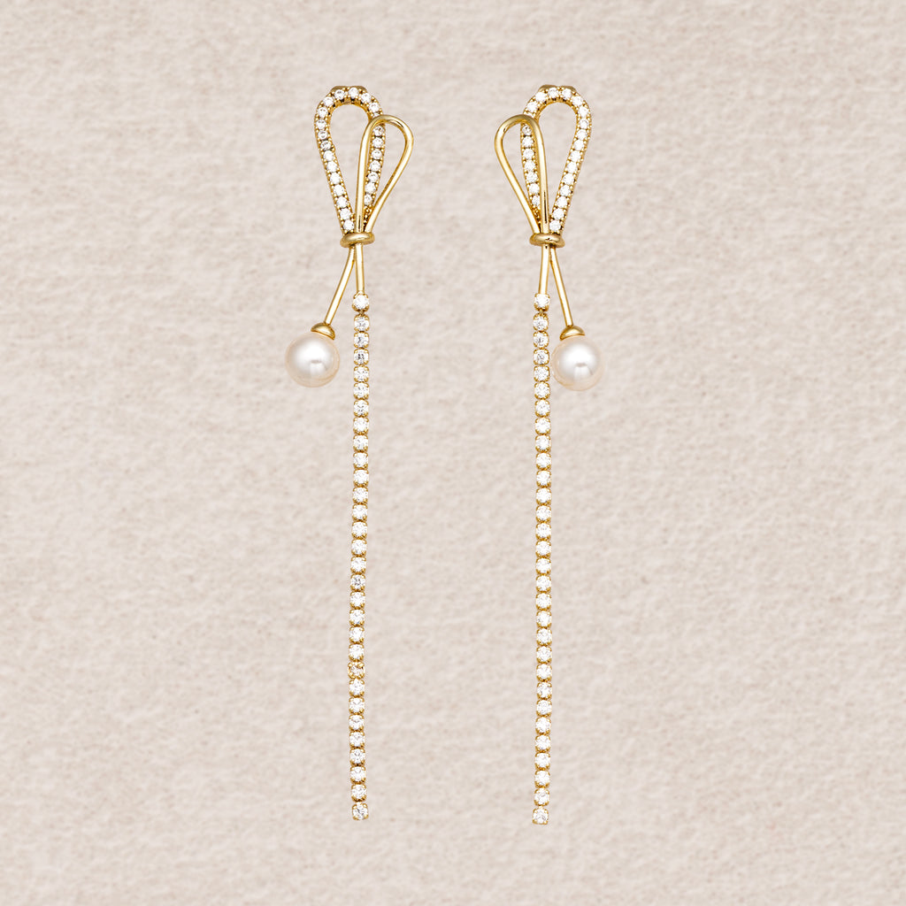 14K Gold Plated Shell Pearl Micro Paved CZ Bowknot Long Tassel Stud Earrings
