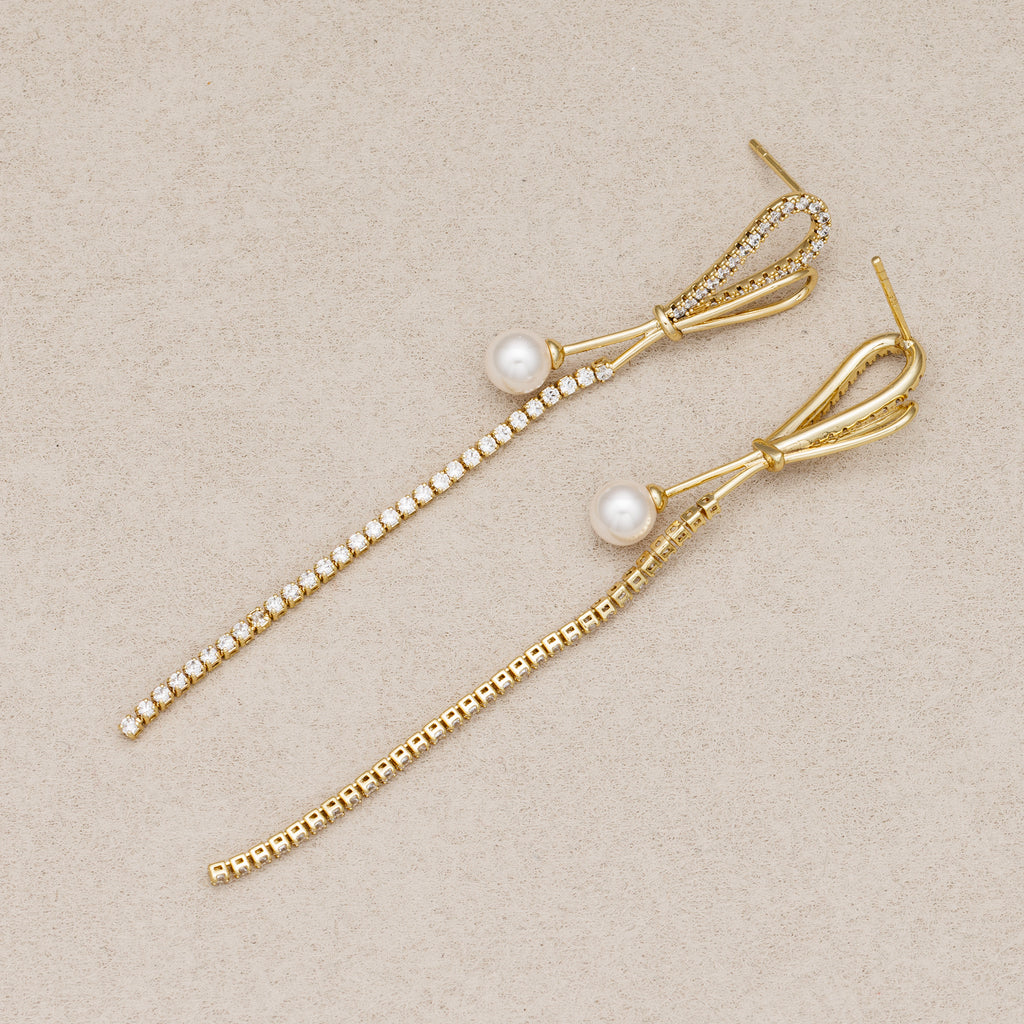 14K Gold Plated Shell Pearl Micro Paved CZ Bowknot Long Tassel Stud Earrings