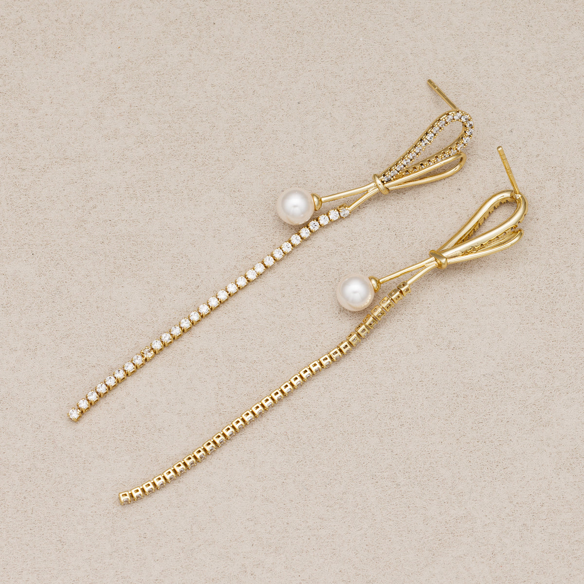 14K Gold Plated Shell Pearl Micro Paved CZ Bowknot Long Tassel Stud Earrings