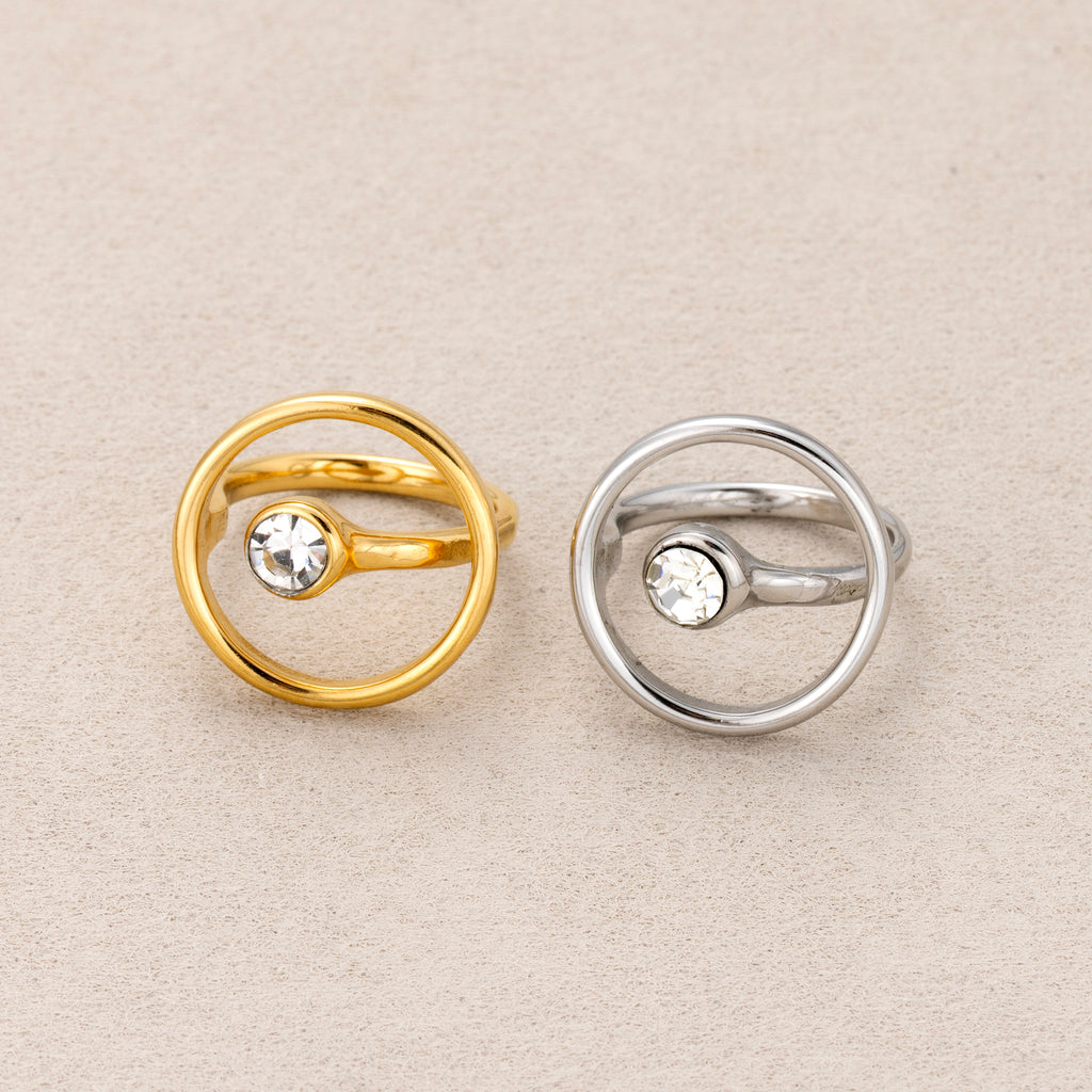 Gold PVD Stainless Steel Solitaire Bezel CZ Geometric Open Circle Ring