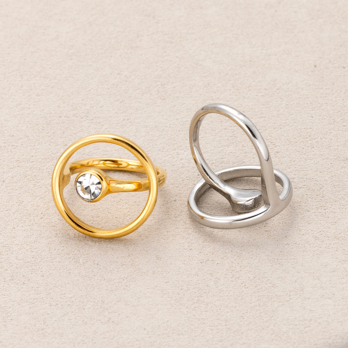 Gold PVD Stainless Steel Solitaire Bezel CZ Geometric Open Circle Ring