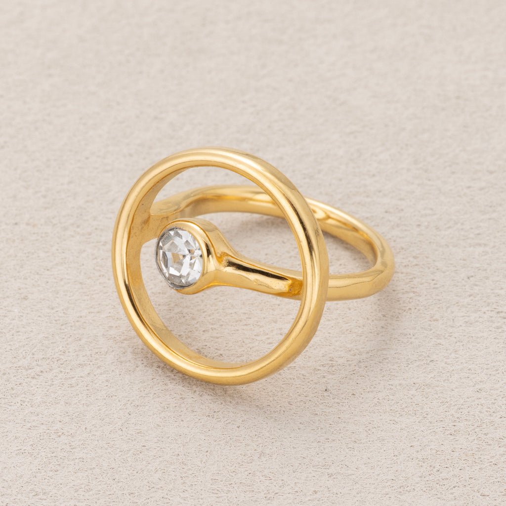 Gold PVD Stainless Steel Solitaire Bezel CZ Geometric Open Circle Ring