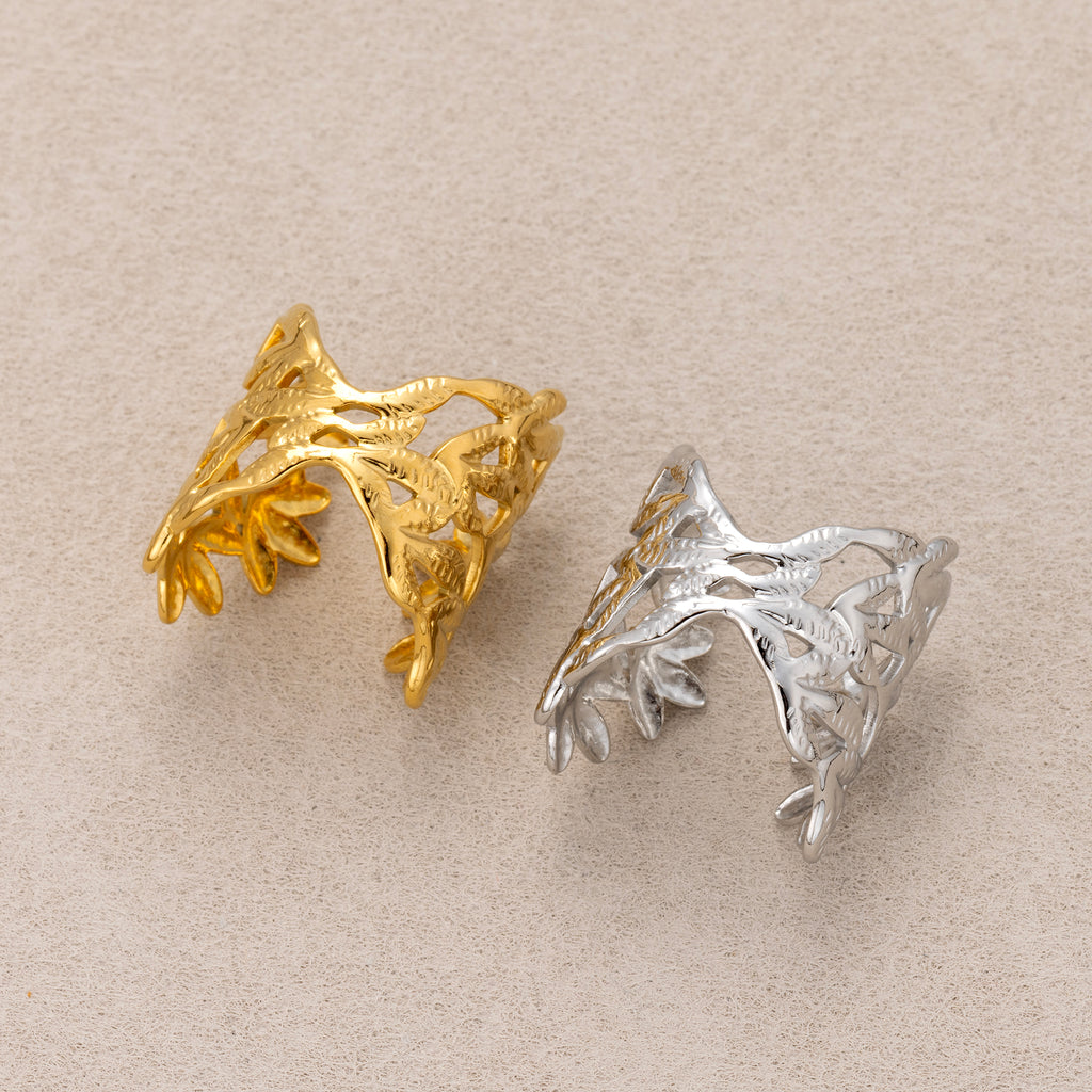 Gold PVD Stainless Steel Leaf Branch Adjustable Statement Ring